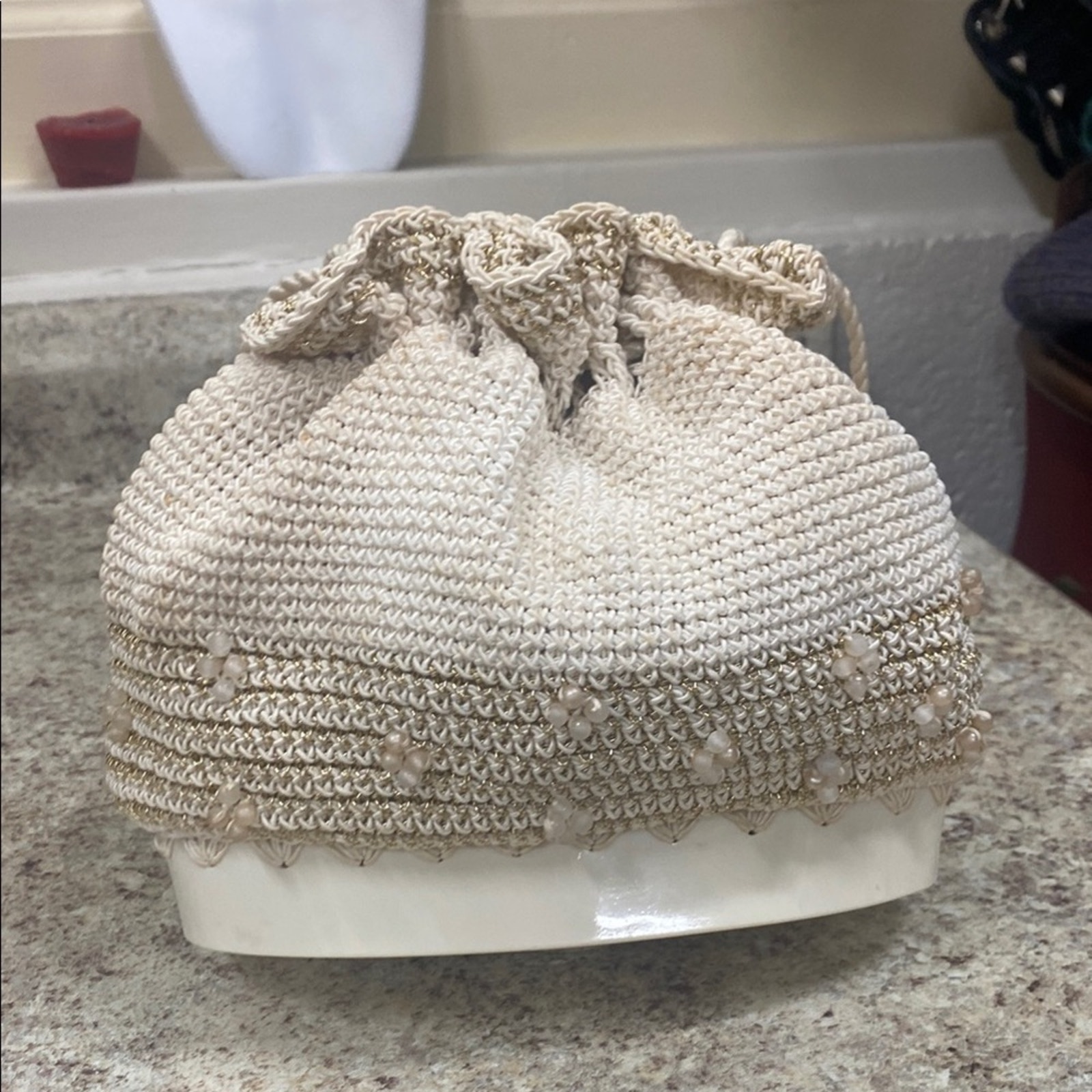 Vintage 1940/50’s Crochet Drawstring Beaded Purse